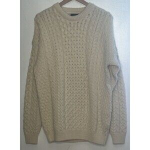 Vtg Orvis Irish Wool Sweater Mens Large Ivory Chunky Cable Knit Fisherman Jumper